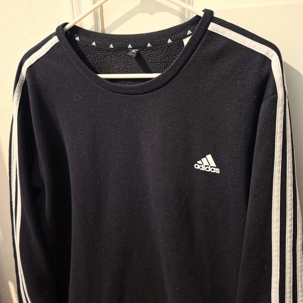 Adidas Primegreen Mens 2XL Black White 3 Stripe Fleece Crewneck Sweatshirt Logo